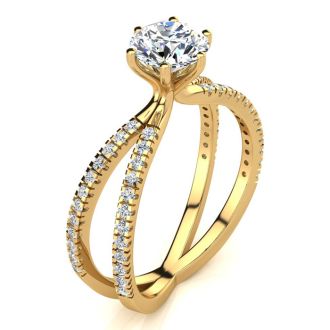 Modern X Band 1.25 Carat Solitaire Engagement Ring With 48 Side Diamonds in 14K Yellow Gold
