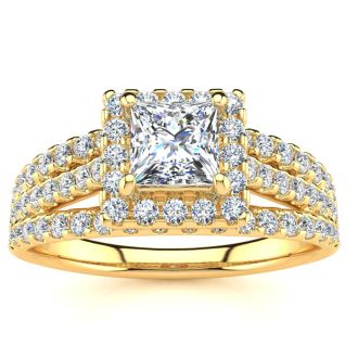 1.00 Carat Elegant Princess Cut Diamond Halo Engagement Ring With 74 Fiery Accent Diamonds In 14 Karat Yellow Gold