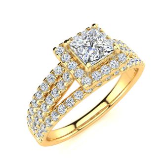 1.00 Carat Elegant Princess Cut Diamond Halo Engagement Ring With 74 Fiery Accent Diamonds In 14 Karat Yellow Gold