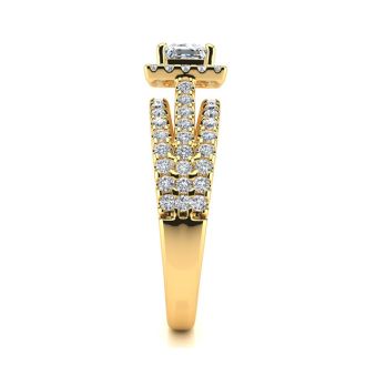 1.00 Carat Elegant Princess Cut Diamond Halo Engagement Ring With 74 Fiery Accent Diamonds In 14 Karat Yellow Gold