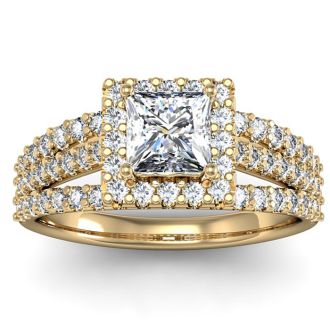 1.50 Carat Elegant Princess Cut Diamond Halo Engagement Ring With 70 Fiery Accent Diamonds In 14 Karat Yellow Gold