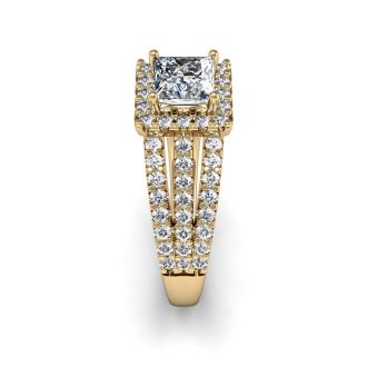 1.50 Carat Elegant Princess Cut Diamond Halo Engagement Ring With 70 Fiery Accent Diamonds In 14 Karat Yellow Gold