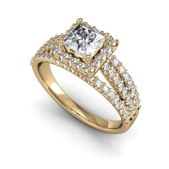 1.50 Carat Elegant Princess Cut Diamond Halo Engagement Ring With 70 Fiery Accent Diamonds In 14 Karat Yellow Gold