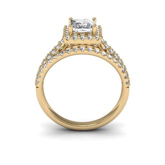 1.50 Carat Elegant Princess Cut Diamond Halo Engagement Ring With 70 Fiery Accent Diamonds In 14 Karat Yellow Gold