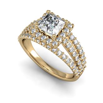 2.00 Carat Elegant Princess Cut Diamond Halo Engagement Ring With 70 Fiery Accent Diamonds In 14 Karat Yellow Gold