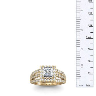 2.00 Carat Elegant Princess Cut Diamond Halo Engagement Ring With 70 Fiery Accent Diamonds In 14 Karat Yellow Gold