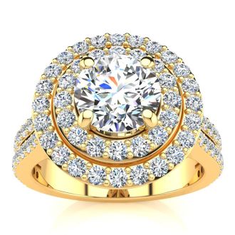 2 Carat Double Halo Round Diamond Engagement Ring in 14 Karat Yellow Gold