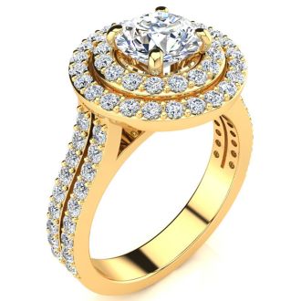 2 Carat Double Halo Round Diamond Engagement Ring in 14 Karat Yellow Gold