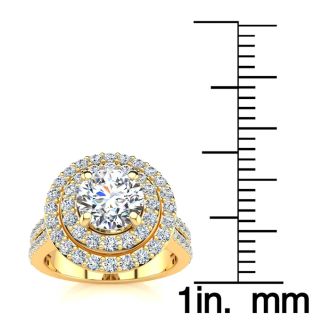 2 Carat Double Halo Round Diamond Engagement Ring in 14 Karat Yellow Gold