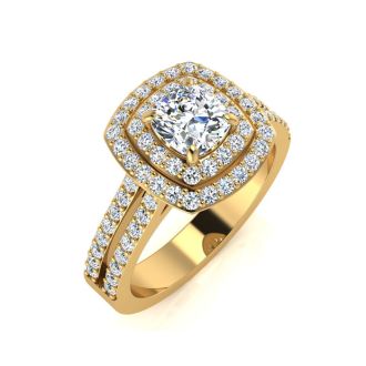 1 1/2 Carat Double Halo Cushion Cut Diamond Engagement Ring in 14 Karat Yellow Gold