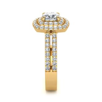 1 1/2 Carat Double Halo Cushion Cut Diamond Engagement Ring in 14 Karat Yellow Gold
