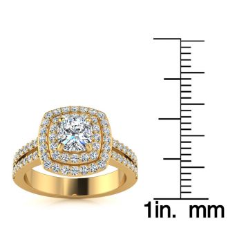 1 1/2 Carat Double Halo Cushion Cut Diamond Engagement Ring in 14 Karat Yellow Gold