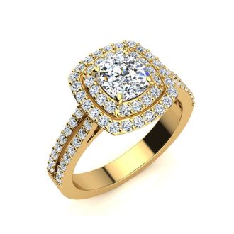 2 Carat Double Halo Cushion Cut Diamond Engagement Ring in 14 Karat Yellow Gold