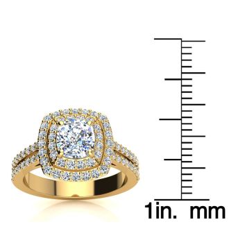2 Carat Double Halo Cushion Cut Diamond Engagement Ring in 14 Karat Yellow Gold