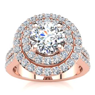 2 Carat Double Halo Round Diamond Engagement Ring in 14 Karat Rose Gold