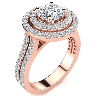 2 Carat Double Halo Round Diamond Engagement Ring in 14 Karat Rose Gold