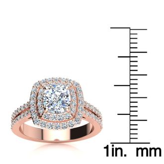 2 Carat Double Halo Cushion Cut Diamond Engagement Ring in 14 Karat Rose Gold