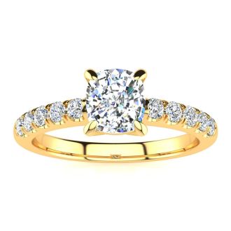 1 1/3 Carat Traditional Diamond Engagement Ring with 1 Carat Center Cushion Cut Solitaire In 14 Karat Yellow Gold 