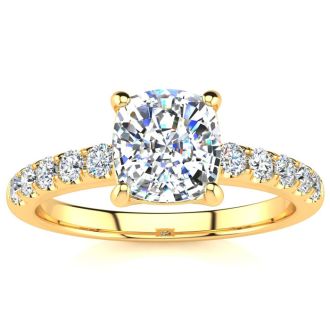 1 3/4 Carat Traditional Diamond Engagement Ring with 1 1/2 Carat Center Cushion Cut Solitaire In 14 Karat Yellow Gold 