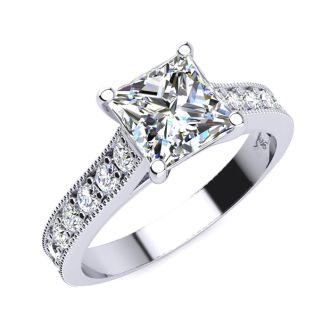 2 Carat Diamond Engagement Ring With 1 1/2 Carat Princess Cut Center Diamond In 14K White Gold