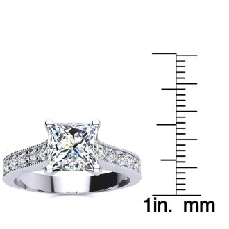2 Carat Diamond Engagement Ring With 1 1/2 Carat Princess Cut Center Diamond In 14K White Gold