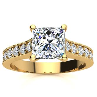 2 Carat Diamond Engagement Ring With 1 1/2 Carat Princess Cut Center Diamond In 14K Yellow Gold