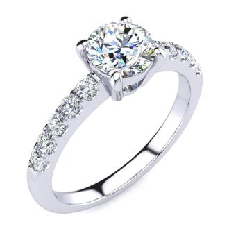 1.30 Carat Traditional Diamond Engagement Ring with 1 Carat Center Round Solitaire In 14 Karat White Gold