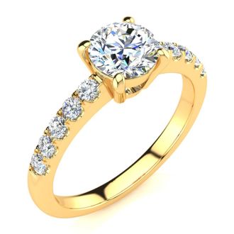 1.30 Carat Traditional Diamond Engagement Ring with 1 Carat Center Round Solitaire In 14 Karat Yellow Gold