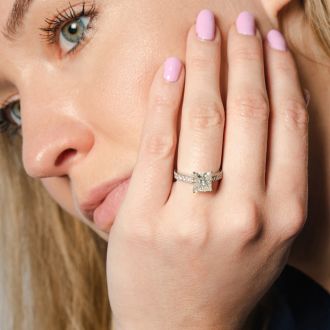 1 1/3 Carat Traditional Diamond Engagement Ring with 1 Carat Center Princess Cut Solitaire In 14 Karat White Gold 