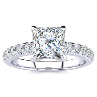 1 3/4 Carat Traditional Diamond Engagement Ring with 1 1/2 Carat Center Princess Cut Solitaire In 14 Karat White Gold 