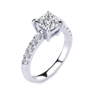 1 3/4 Carat Traditional Diamond Engagement Ring with 1 1/2 Carat Center Princess Cut Solitaire In 14 Karat White Gold 