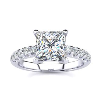 2 1/2 Carat Traditional Diamond Engagement Ring with 2.15 Carat Center Princess Cut Solitaire In 14 Karat White Gold 