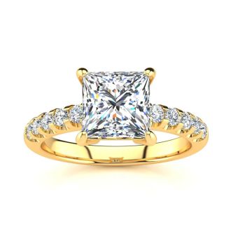 2 1/2 Carat Traditional Diamond Engagement Ring with 2.15 Carat Center Princess Cut Solitaire In 14 Karat Yellow Gold 