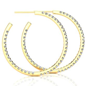 14K Yellow Gold 2 Carat Diamond Three Quarter Hoop Earrings