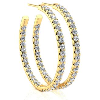 14K Yellow Gold 3 Carat Diamond Three Quarter Hoop Earrings
