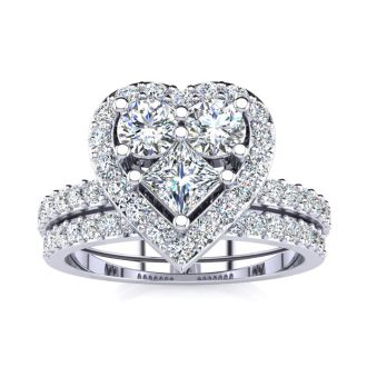 1 Carat Heart Halo Diamond Bridal Set in 14k White Gold