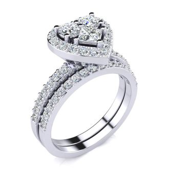 1 Carat Heart Halo Diamond Bridal Set in 14k White Gold