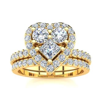 1 Carat Heart Halo Bridal Set in 14k Yellow Gold