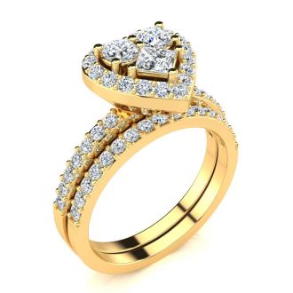 1 Carat Heart Halo Bridal Set in 14k Yellow Gold