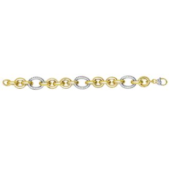 14 Karat Yellow & White Gold 8.25 Inch Textured & Shiny Bulky Oval Link Bracelet