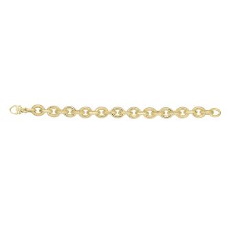 14 Karat Yellow Gold 7.50 Inch Textured & Shiny Oval Link Bracelet