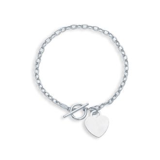 14 Karat White Gold 7.50 Inch Shiny Oval Link Bracelet with Heart