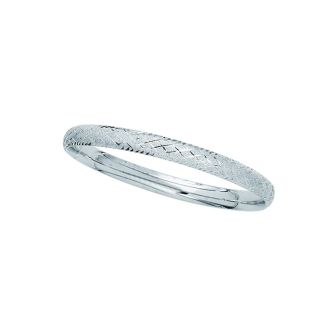 14 Karat White Gold 6.0mm 7 Inch Shiny Textured Sparkle Bangle with Diamond Shape Pattern