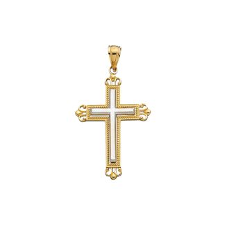 14 Karat Yellow & White Gold 38x22.9 Shiny White Cross Inside Fancy Yellow Cross