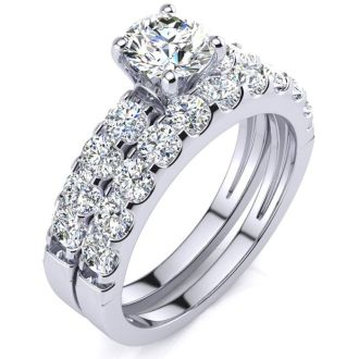 2 Carat Total Round Natural Diamond Engagement Ring and Wedding Band Set in 14K White Gold. Sizzling, Bright White Diamonds!