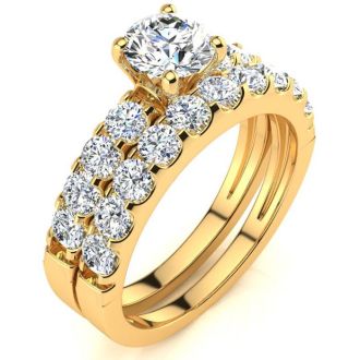 2 Carat Round Center Engagement Ring and Wedding Band Set In 14K Yellow Gold