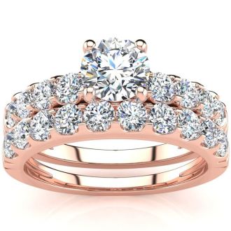 2 Carat Round Center Engagement Ring and Wedding Band Set In 14K Rose Gold