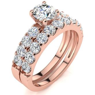 2 Carat Round Center Engagement Ring and Wedding Band Set In 14K Rose Gold