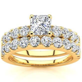 2 Carat Princess Center Engagement Ring and Wedding Band Set In 14K Yellow Gold