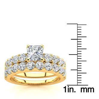 2 Carat Princess Center Engagement Ring and Wedding Band Set In 14K Yellow Gold